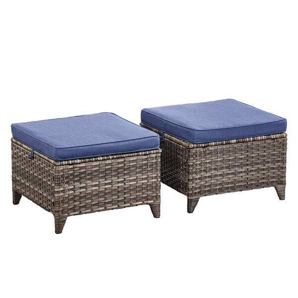 Straight Armrest Series 2-Pack Gray Wicker Outdoor Ottoman Steel Frame Footstool with Removable Cushions