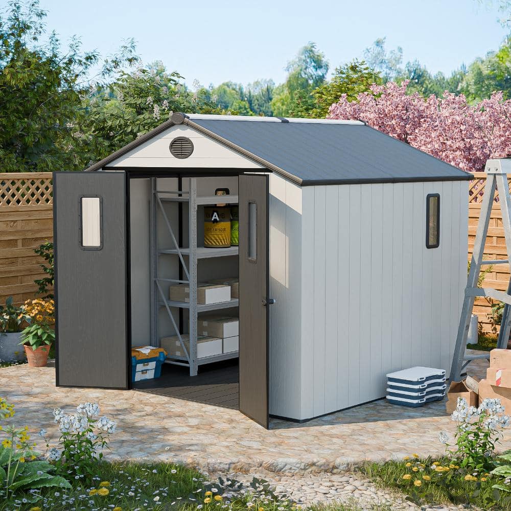 8 ft. W x 8 ft. D Resin Storage Shed Plastic Storage Room w/ Window Ventilation Hole Latch Door PC Panel for Backyard price history on PriceWatchPro