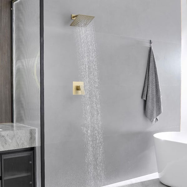 Single Handle 1-Spray Square Shower Faucet Set 2.5 GPM with High Pressure Shower Head in Brushed Gold (Valve Included)