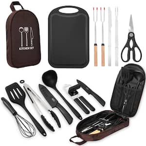 14-Piece Portable Stainless Steel and Silicone Camping Cookware Cooking Utensils Set with Brown Bag for Picnic and Grill
