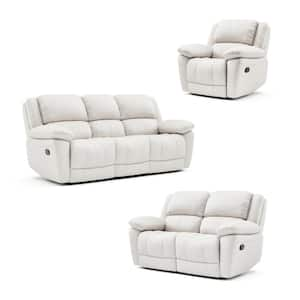 Loure 3-Piece White Leather Reclining Living Room Set with Pillow Top Arms and Adjustable Headrest