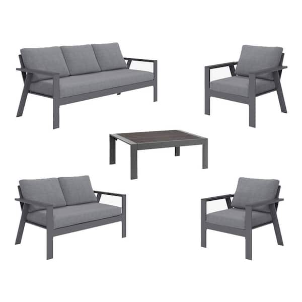 Sudzendf 5 Pieces Patio Furniture Lounge Sofa Couch Set with Dark Gray Cushions