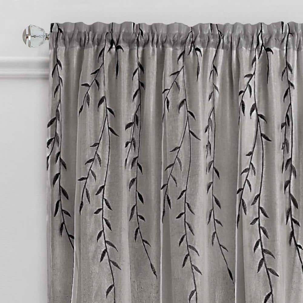 Gray Polyester Embroidered Sheer Rod Pocket Drapes