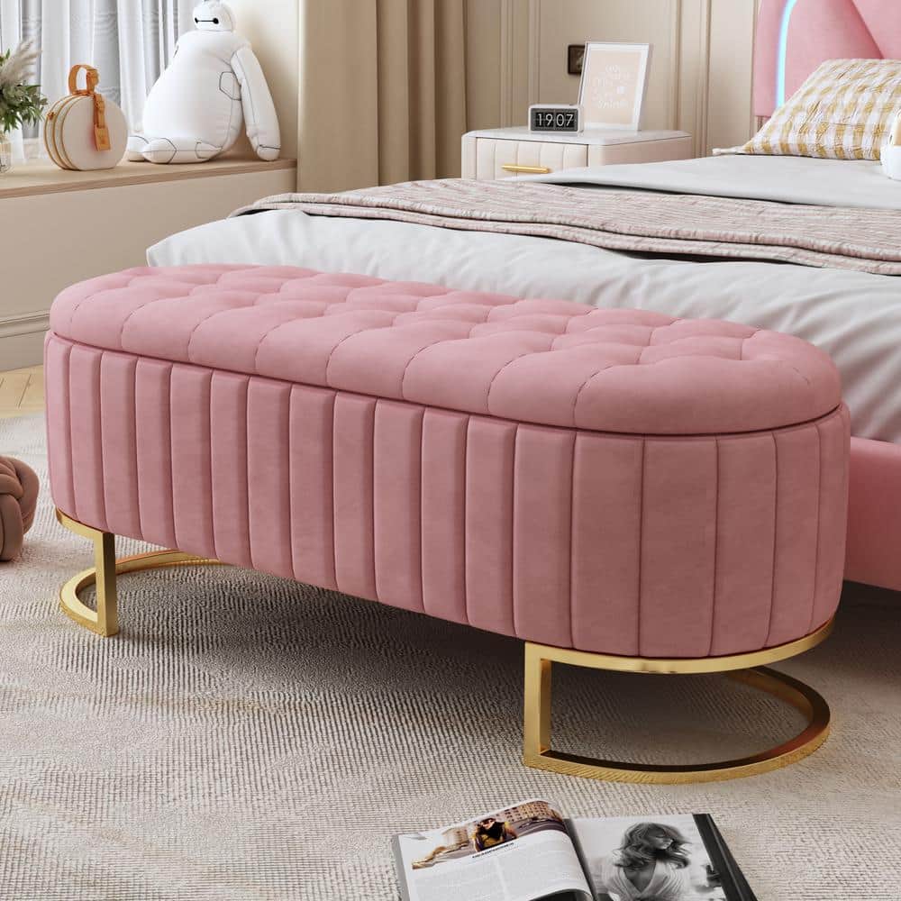 Polibi Pink Upholstered Velvet 47.20 in. W Storage Ottoman with Button