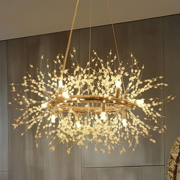 12-Light Chrome Modern Dandelion Crystal Chandelier for Dining Room and Living Room