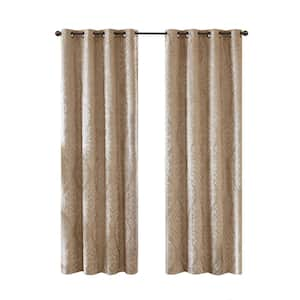 Elysia Champagne Damask Knitted Jacquard Damask 50 in. W x 84 in. L Blackout Grommet Top Curtain