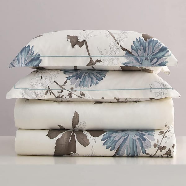 3-Piece Off-White Cotton Queen Brown Branches and Blue Flowers