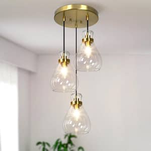 Transitional Dining Room Cluster Pendant Light 3-Light Plating Brass Pendant Light with Bell Textured Glass Shades