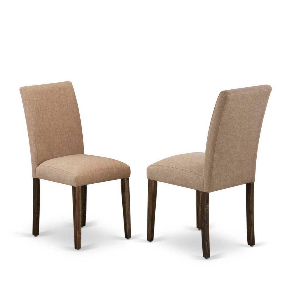 Distressed Jacobean Round Dining Set with Light Sable Linen Chairs