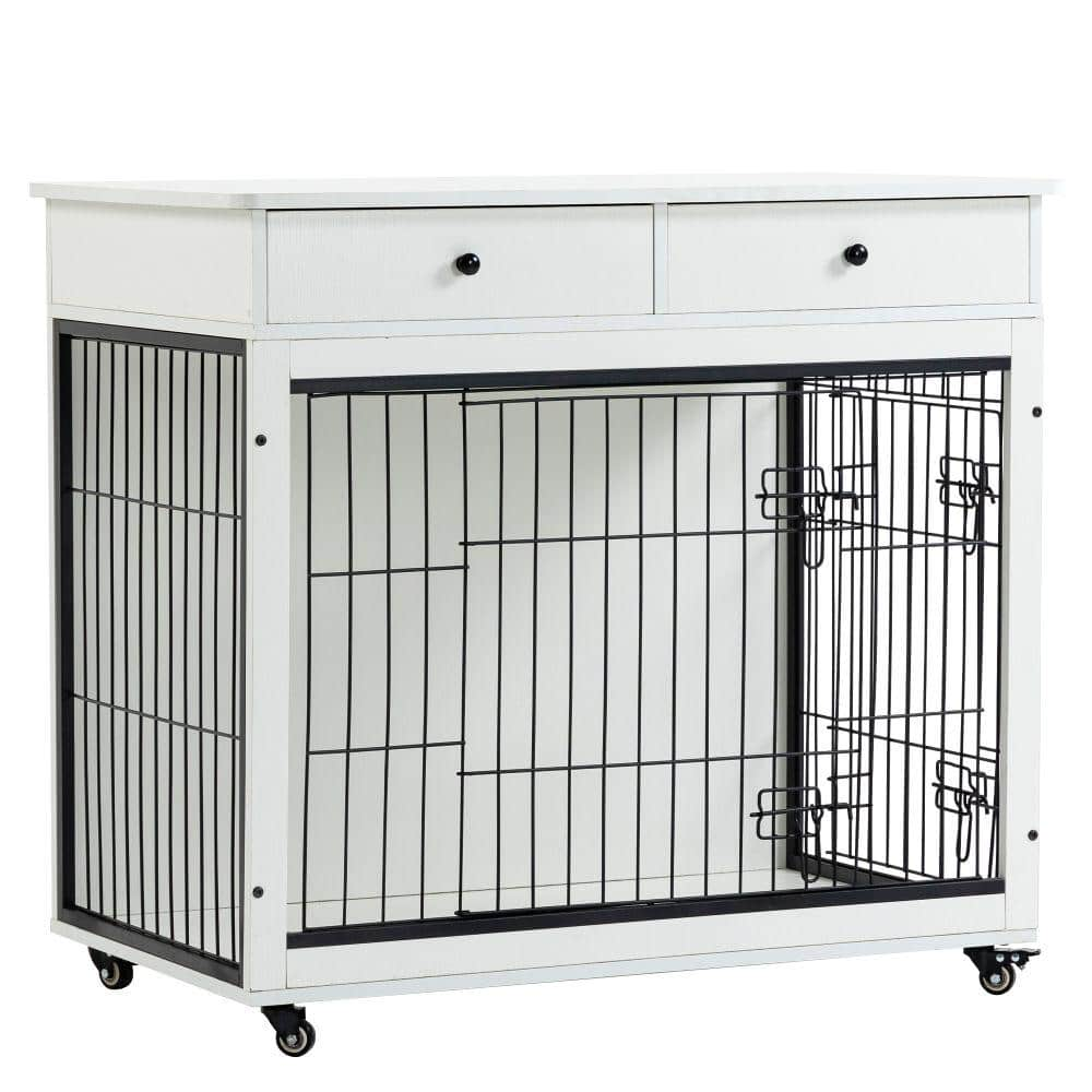 Amucolo 31.7 in. White Chew-Proof Dog Crate Furniture, Wooden Dog House,  Decorative Dog Kennel with Drawer and Wheels CX-CYW1-447 - The Home Depot