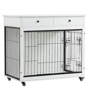 31.7 in. White Chew-Proof Dog Crate Furniture, Wooden Dog House, Decorative Dog Kennel with Drawer and Wheels