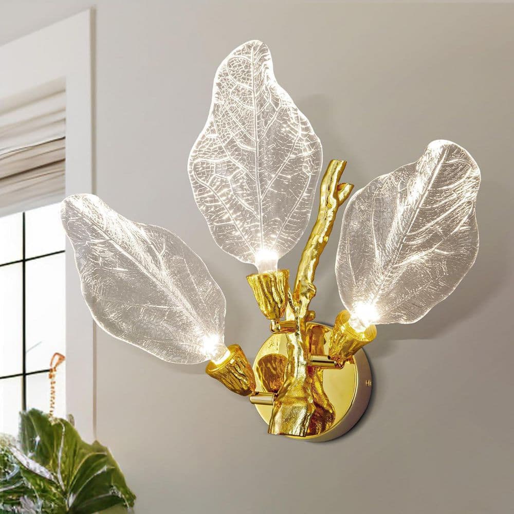 YUYI Modern 13.4 in. 3-Light Gold Bionic Leaf Wall Sconce LED