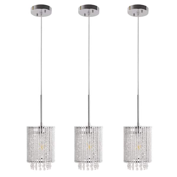 1-Light Aluminum Chrome Indoor Pendant Light with Cylinder Crystal Shade Modern Hanging Fixture with E26 (3-Pack)
