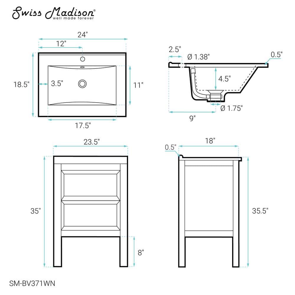Nadar 24" Walnut Freestanding Bathroom Vanity with Ceramic Top
