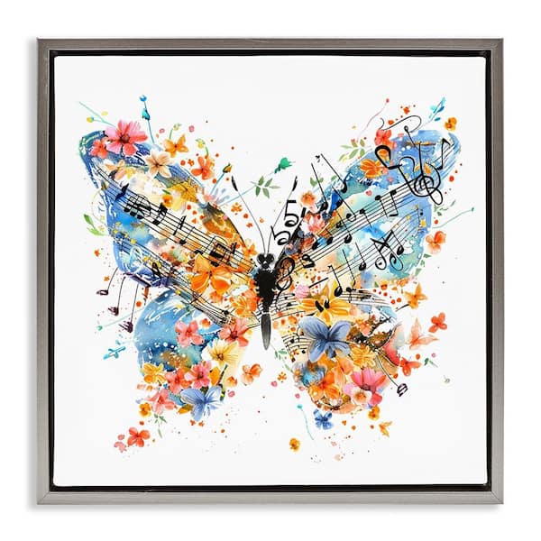 Stupell Industries Song Notes Butterfly by LSR Design Studio Gray Floater Frame Animal Graphic Art Print 18 in. x 18 in.