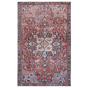 Tuscon Red/Blue Doormat 3 ft. x 5 ft. Machine Washable Floral Medallion Border Area Rug