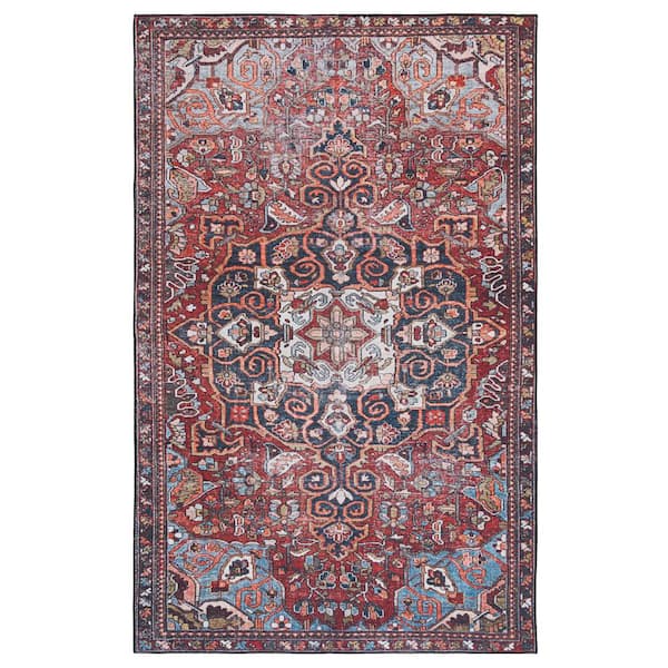SAFAVIEH Tuscon Red/Blue 9 ft. x 12 ft. Machine Washable Floral Medallion Border Area Rug