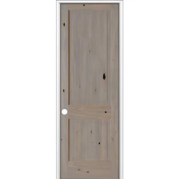 32 in. x 80 in Rustic Knotty Alder 2 Panel Square Right-Hand Single BEHR Weathered Gray Stain Wood Prehung Interior Door