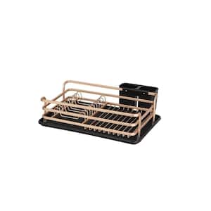 Rose Gold Aluminum Dish Rack, Counter Rustproof Dish Storage with Cutlery Holder, Removable Drainer Tray
