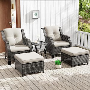 5-Piece Wicker Outdoor Patio Conversation Set with Lounge Chairs, Ottomans and Beige Cushions