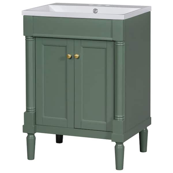 24 in. W Single Sink Green Bath Vanity with White Resin Top and Adjustable Shelves 2-tier Bathroom Cabinet Unassemble