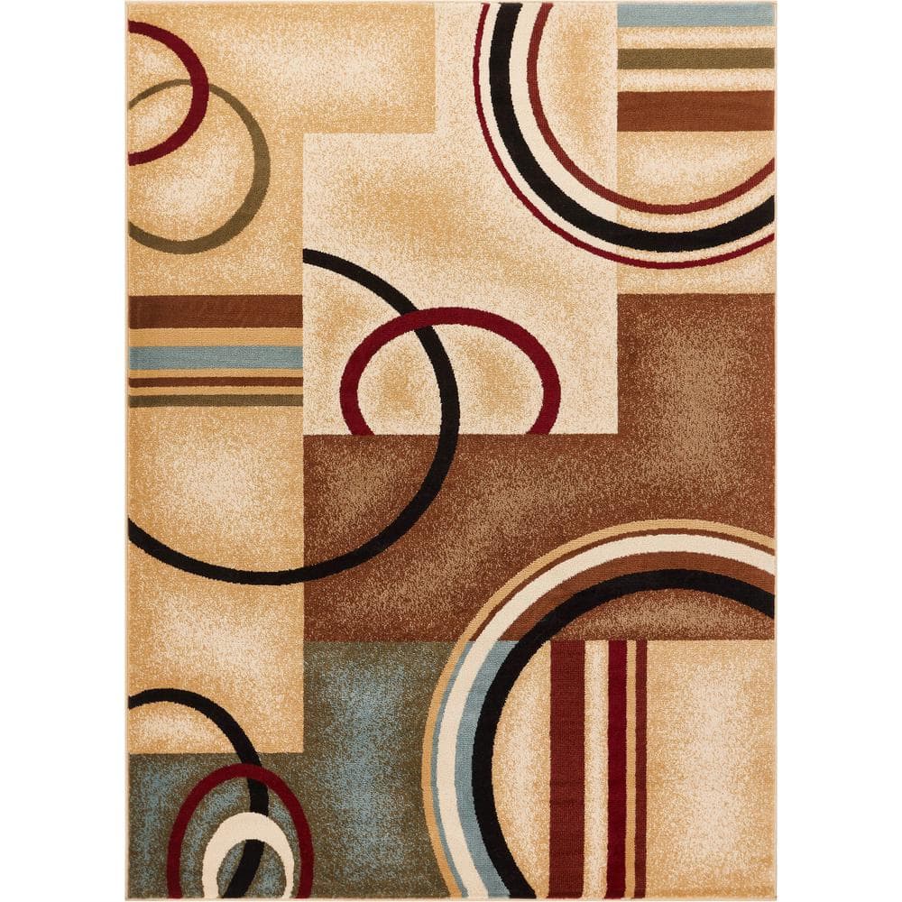 Ivory and Multicolor Geometric Pattern Synthetic Area Rug