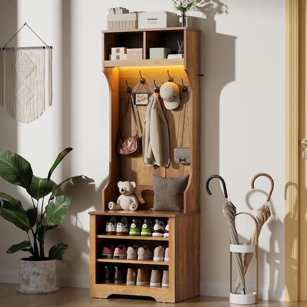 Hommpa Farmhouse Brown 23.6 in. W Hall Tree with LED Light Strip, Shoe Bench, 5 Hooks and Adjustable Shelves