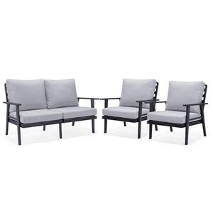 Walbrooke Black 3-Piece Aluminum Outdoor Loveseat and Set of 2 Armchairs with Removable Cushions, Light Grey