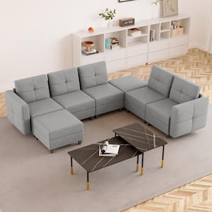 103.7 in.W U-Shaped Sofa Square Arm Fabric Modern Storable 5-Seat Plus 2 ft.(Gray)