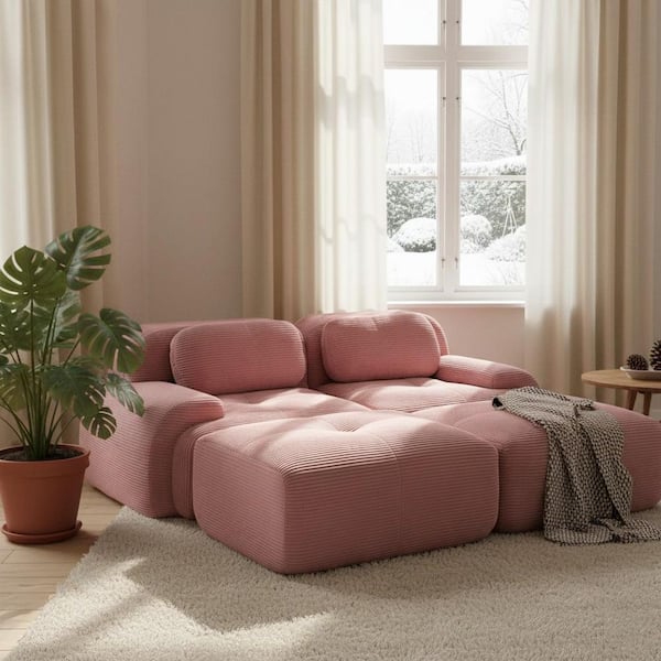 SMZO 81.8 in. Rolled Arm 4 Pieces Corduroy Modular Sectional Sofa in Blush Pink with Ergonomic Design, Pet-Friendly
