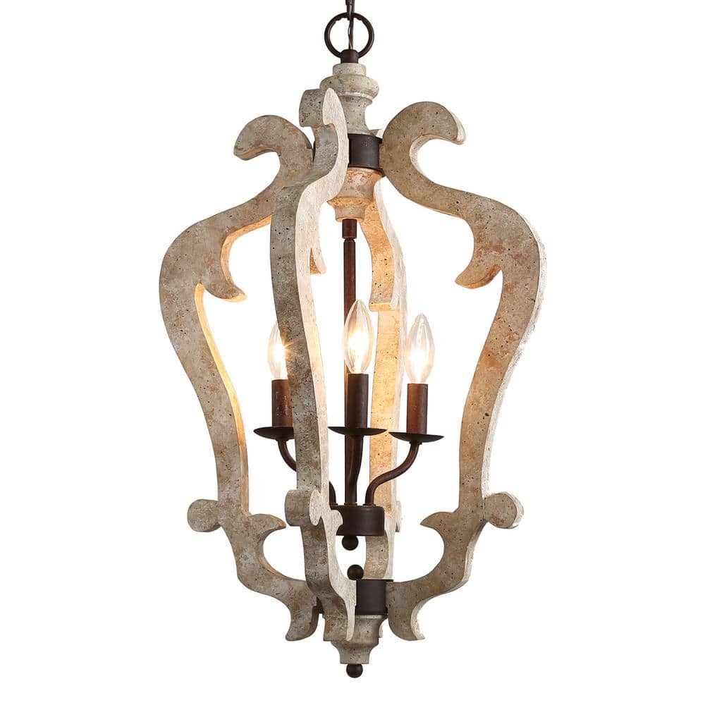 3-Light Beige Rustic Farmhouse Wood Chandelier with Rust Dotted Wood Decora