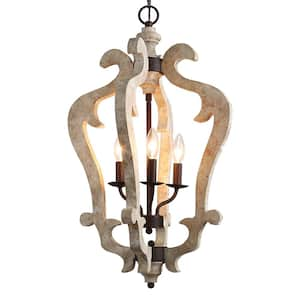 3-Light Beige Rustic Farmhouse Wood Chandelier with Rust Dotted Wood Decoration