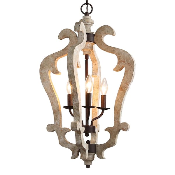 Unbranded 3-Light Beige Rustic Farmhouse Wood Chandelier with Rust Dotted Wood Decoration