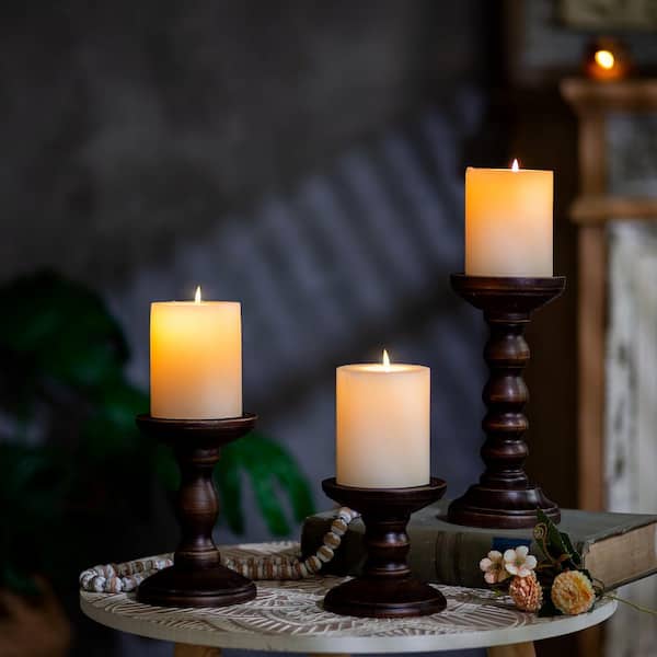 Rustic Vintage Dark Brown Solid Wood Candle Holders, Tall Pillar Candlestick Holders with Metal Candle Plate (3-Pack)