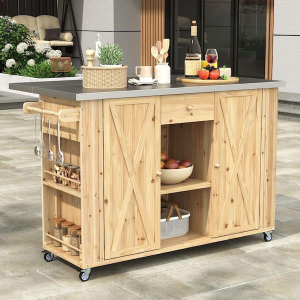 Natural Stainless Steel Top 52.25 in. Kitchen Island with Towel and Spice Racks and a Bottle Opener