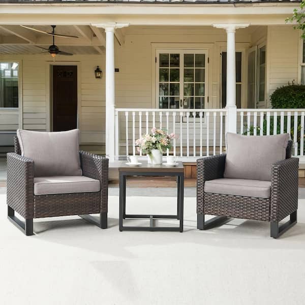 Gymojoy Valenta Brown 3-Piece Wicker Patio Conversation Set with Gray Cushions