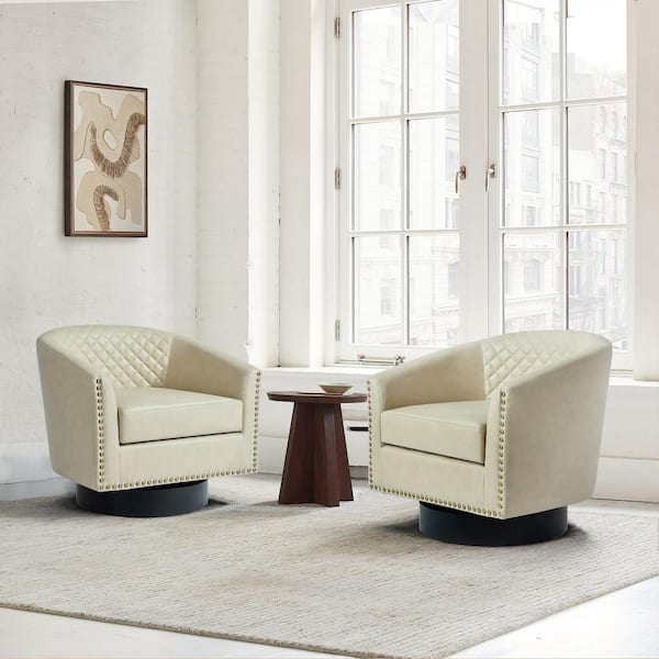 Uixe Mid-Century Beige PU Leather 360° Swivel Accent Arm Chair with Nailhead Trim (Set of 2)