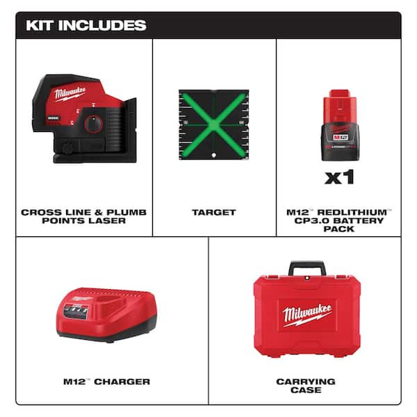 Milwaukee - M12 12-Volt Lithium-Ion Cordless Green 125 ft. Cross Line and Plumb Points Laser Level Kit with Laser Distance Meter