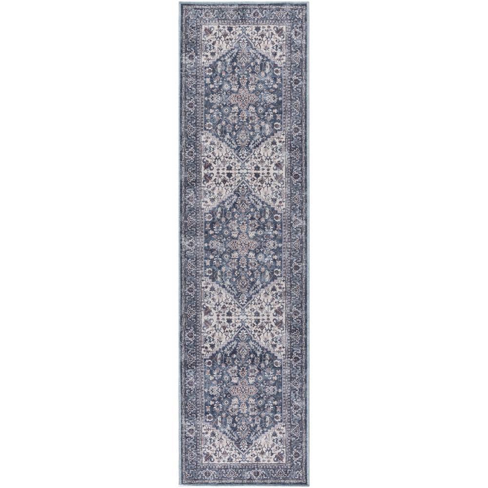Machine Washable Series 1-Navy Ivory 2 ft. x 6 ft. Distressed Traditional R