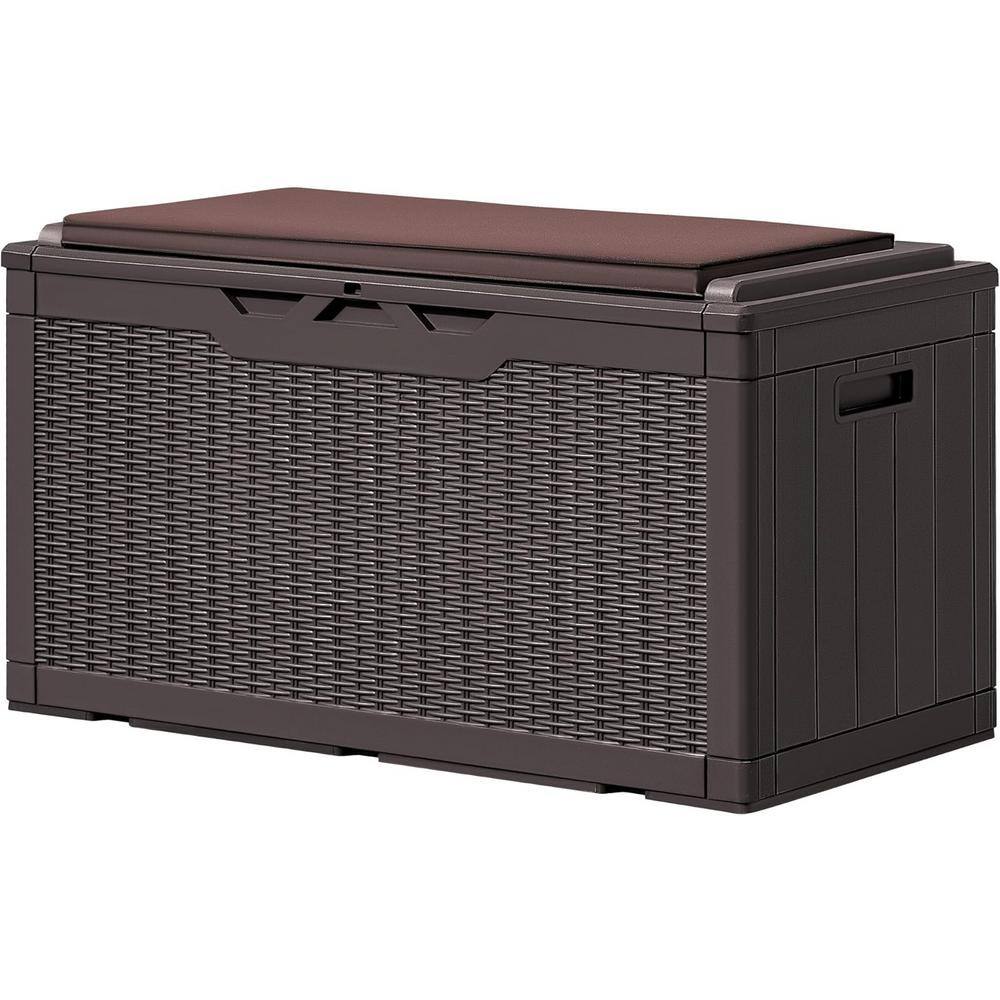 100 Gal. Dark Brown Resin Deck Box with Cushions for Garden Tools, Patio Fu