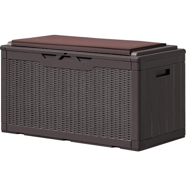 100 Gal. Dark Brown Resin Deck Box with Cushions for Garden Tools, Patio Furniture Pillows, and Pool Supplies