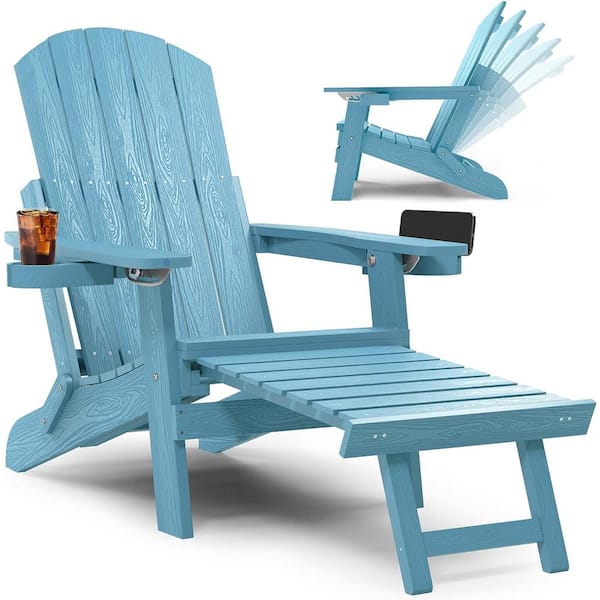 Mximu Blue Outdoor Weather Resistant Folding Adirondack Chair with Integrated Pullout Ottoman and Cup Holder