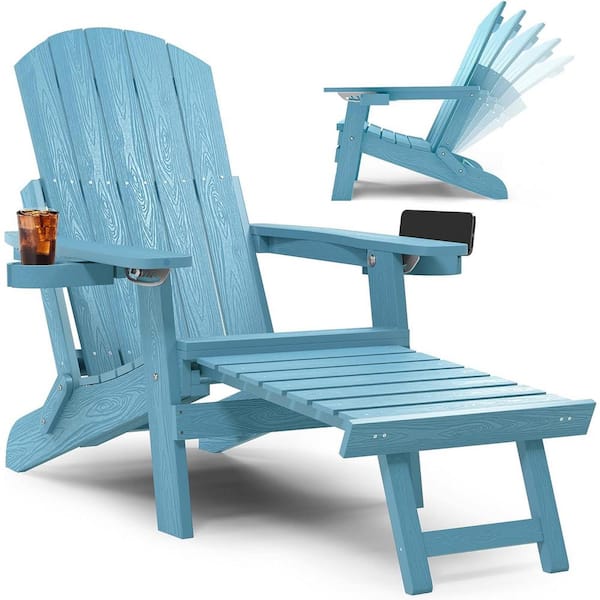 YEFU Blue Outdoor Weather Resistant Folding Adirondack Chair with Integrated Pullout Ottoman and Cup Holder