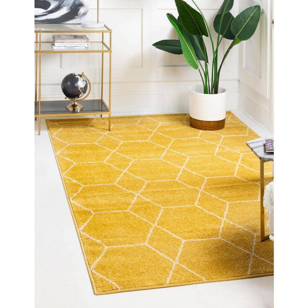 Yellow Geometric Trellis Easy Care Indoor Rug