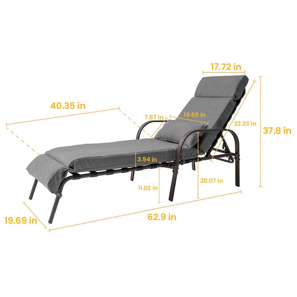 Dark Gray Adjustable Steel Chaise Lounge Chairs with Cushions, Set of 2