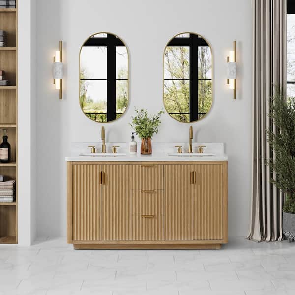 ROSWELL Cádiz 60 in. W x 22 in. D x 34 in. H Double Freestanding Bath Vanity in Washed Ash Gray with White Composite Stone Top