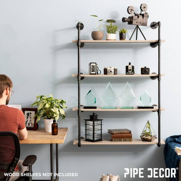 1/2 in. Black Pipe 11.75 in. D x 48.5 in. H Wall Mounted 4-Tier Shelf Kit 1/2 in. Black Pipe 11.75 in. D x 48.5 in. H Wall Mounted 4-Tier Shelf Kit