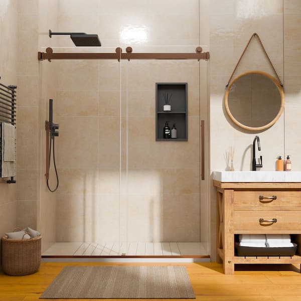 56-60 in. W x 74 in. H Sliding Frameless Shower Door in Oil Rubbed Bronze with Tempered Clear Glass