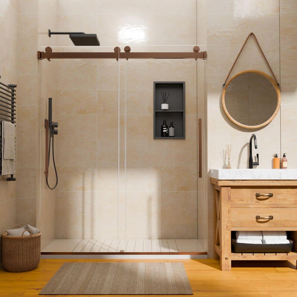 56 in.-60 in. W x 74 in. H Double Sliding Frameless Shower Door in Oil Rubbed Bronze with Frosted Tempered Glass price history on PriceWatchPro
