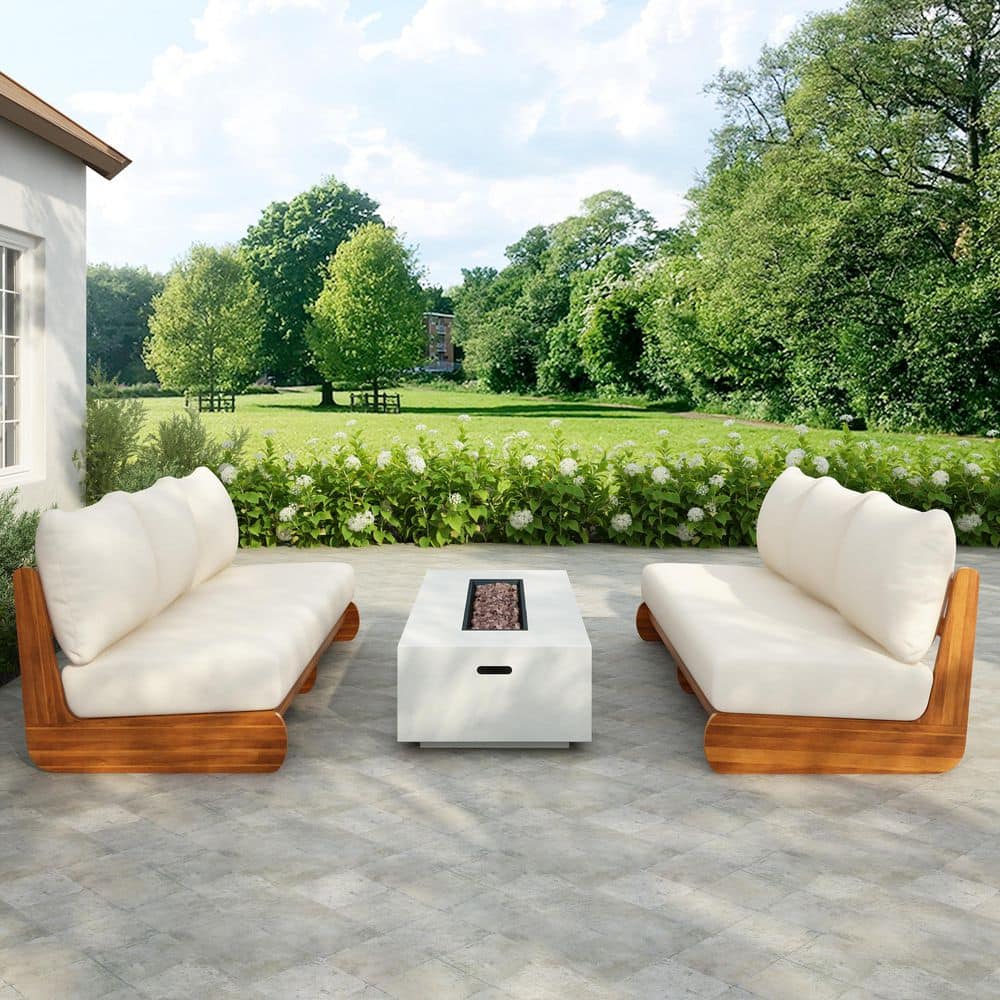 Bevis Modern Teak Finish Solid Wood Outdoor Couch Patio 3 Seater Sofa with Beige Cushions, Deep Seating, Set of 2